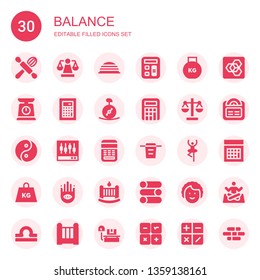 balance icon set. Collection of 30 filled balance icons included Cooking, Scale, Bosu ball, Calculator, Weight, Unicycle, Yin yang, Levels, Filter, Dancer, Buddhism, Cradle, Slider