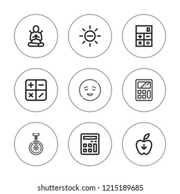 Balance icon set. collection of 9 outline balance icons with calculate, calculator, calm, gravity, meditate, white balance icons. editable icons.