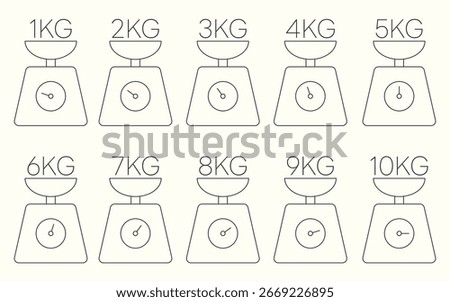 Balance Icon Set From One to Ten Kilogram. Scales Icon Vector Illustration. Weight Scale Sign and Symbol

