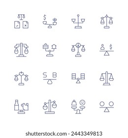 Saldo-Symbolsatz. Dünne Linie Symbol. Bearbeitbarer Strich. Enthält vergleichen, Balance, Balancescale, Balanced Diet, Scale, Stabilität.