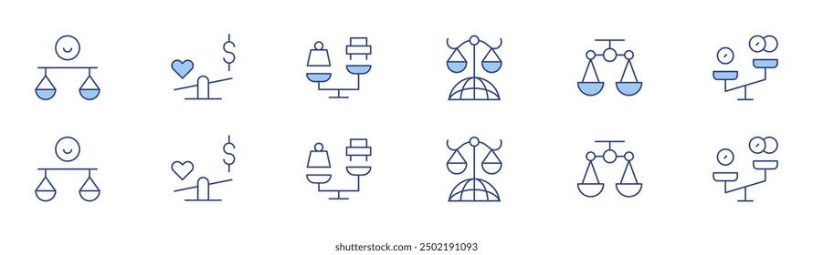 Balance icon set in two styles, Duotone and Thin Line style. Editable stroke. scales, weight, balance, economicdisparities, justice.