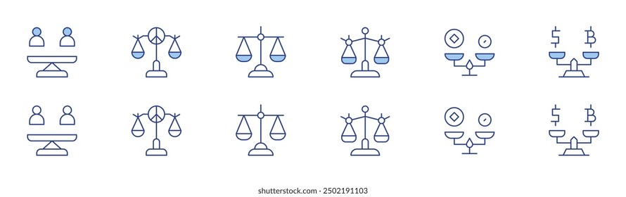 Balance icon set in two styles, Duotone and Thin Line style. Editable stroke. financial balance sheet, assets and liabilities, equity, cash flow management, profitability.