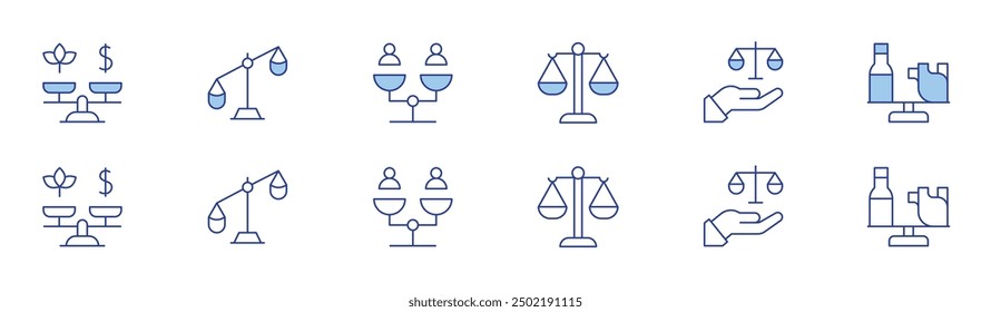 Balance icon set in two styles, Duotone and Thin Line style. Editable stroke. balance, balancescale, justice.