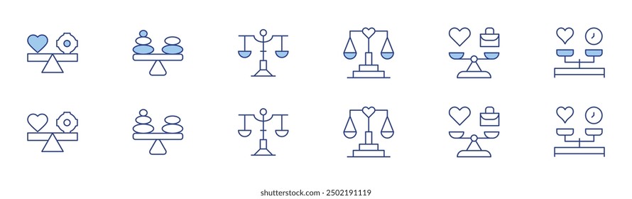 Icono de equilibrio establecido en dos estilos, Duotone y estilo de línea fina. Equilibrio en tecnología, diseño de interfaz de usuario, funcionalidad del sistema, accesibilidad, experiencia digital.