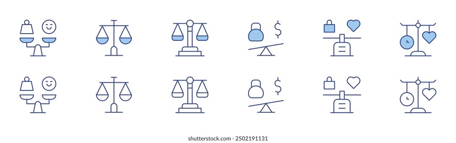 Icono de equilibrio establecido en dos estilos, Duotone y estilo de línea fina. Accidente cerebrovascular editable. equilibrio en la dieta y la nutrición, planificación de comidas, ingesta dietética, control de porciones, hábitos saludables.