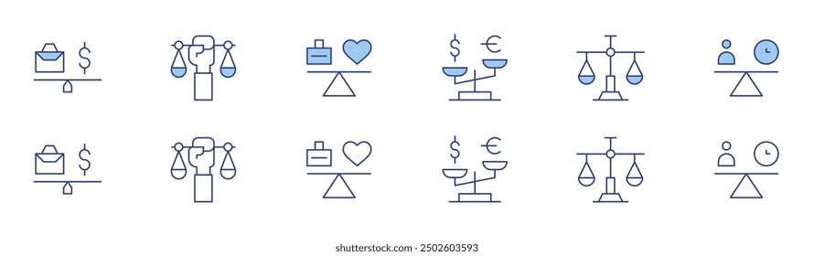 Balance icon set in two styles, Duotone and Thin Line style. Editable stroke. work-life integration, career and personal life, time-off, job satisfaction, work flexibility.