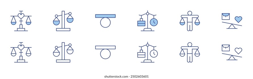 Icono de equilibrio establecido en dos estilos, Duotone y estilo de línea fina. Gestión del tiempo, priorización de tareas, productividad, actividades de ocio.