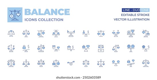 Balance icons collection. Line Duotone style, editable stroke. balancing personal and professional life, time management, career progression, life goals, family time.