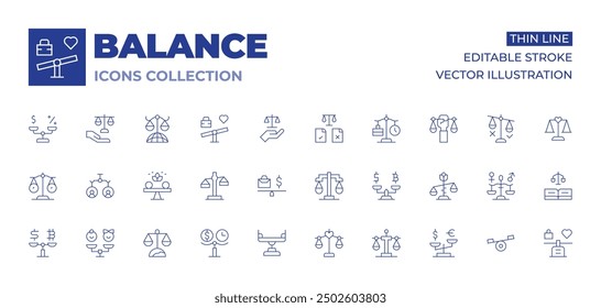 Balance icons collection. Thin Line icons, editable stroke. justicescale, candidates, justice, budget, compare, scales, civilrights, scale, constitution, balance, balancer.