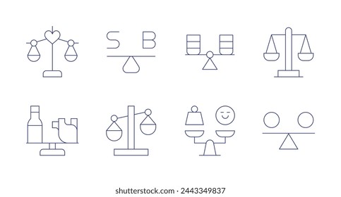 Saldensymbole. Bearbeitbarer Strich. Enthaltene Balance, Balanceskala, ausgewogene Ernährung, Stabilität.