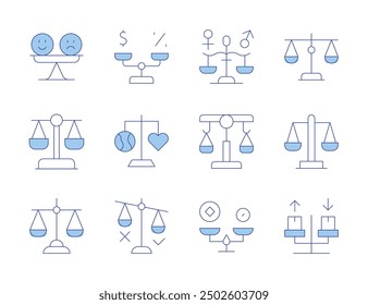 Balance icons. Line Duotone style, editable stroke. physical balance, coordination exercises, core strength, posture stability, fitness routine.