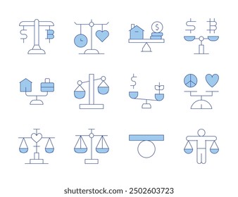 Balance icons. Line Duotone style, editable stroke. environmental balance, sustainability, eco-friendly practices, resource conservation, environmental impact.