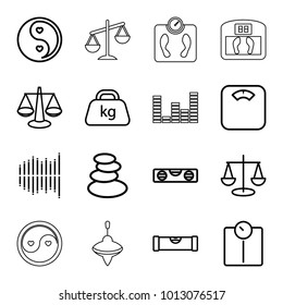 Balance icons. set of 16 editable outline balance icons such as level ruler, spa stones, scales, floor scales, floor scale, weight, yin yang, equalizer