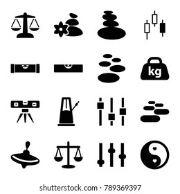 Balance icons. set of 16 editable filled balance icons such as level ruler, whirligig, adjust, spa stone, scales, control panel, weight, yin yang, pendulum