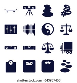 Balance icons set. set of 16 balance filled icons such as level ruler, spa stones, floor scales, cargo height, yin yang, sliders, equalizer, skateboard, spa stone, scales