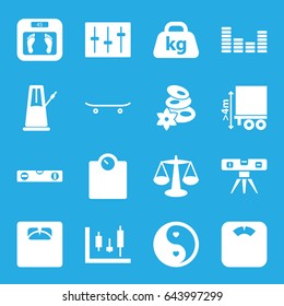 Balance icons set. set of 16 balance filled icons such as floor scales, spa stones, level ruler, cargo height, weight, yin yang, equalizer, sliders, skateboard, pendulum