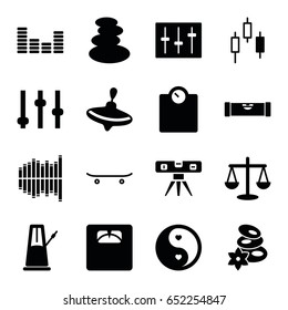 Balance icons set. set of 16 balance filled icons such as level ruler, whirligig, spa stones, floor scales, yin yang, equalizer, sliders, skateboard, pendulum, adjust, scales