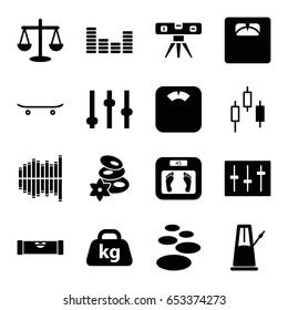 Balance icons set. set of 16 balance filled icons such as level ruler, floor scales, spa stones, weight, equalizer, sliders, skateboard, pendulum, spa stone, adjust, scales