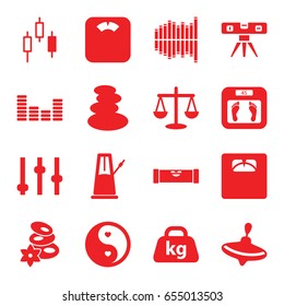 Balance icons set. set of 16 balance filled icons such as level ruler, whirligig, spa stones, floor scales, weight, yin yang, equalizer, pendulum, adjust, scales