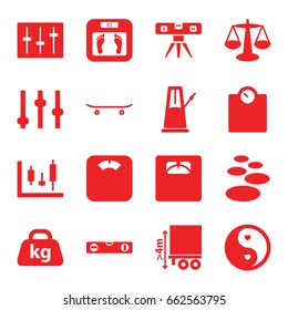 Balance icons set. set of 16 balance filled icons such as floor scales, level ruler, cargo height, weight, yin yang, sliders, skateboard, pendulum, spa stone, scales, adjust