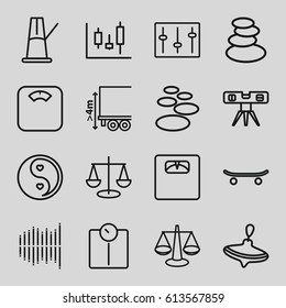 Balance icons set. set of 16 balance outline icons such as whirligig, spa stones, level ruler, floor scales, cargo height, yin yang, sliders, equalizer, pendulum, skateboard