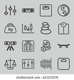 Balance icons set. set of 16 balance outline icons such as spa stones, floor scales, level ruler, weight, yin yang, sliders, equalizer, skateboard, adjust, panel control