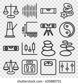 Balance icons set. set of 16 balance outline icons such as level ruler, spa stones, floor scales, cargo height, yin yang, sliders, equalizer, pendulum, scales, panel control