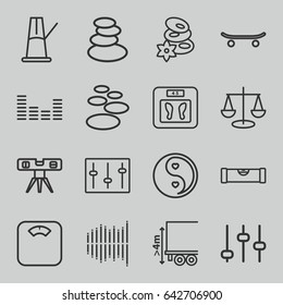 Balance icons set. set of 16 balance outline icons such as level ruler, spa stones, floor scales, cargo height, yin yang, equalizer, sliders, pendulum, skateboard, adjust