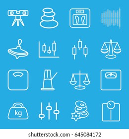 Balance icons set. set of 16 balance outline icons such as whirligig, spa stones, floor scales, level ruler, weight, equalizer, pendulum, adjust, scales, panel control