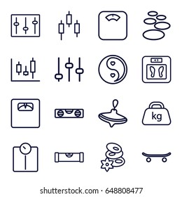 Balance icons set. set of 16 balance outline icons such as level ruler, whirligig, floor scales, spa stones, weight, yin yang, sliders, skateboard, adjust, panel control