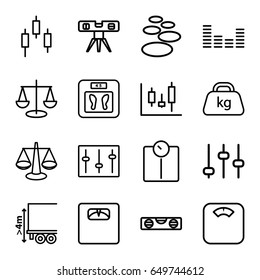 Balance icons set. set of 16 balance outline icons such as floor scales, level ruler, cargo height, weight, equalizer, sliders, adjust, scales, panel control, control panel