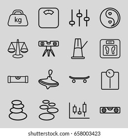 Balance icons set. set of 16 balance outline icons such as level ruler, whirligig, spa stones, floor scales, weight, yin yang, pendulum, skateboard, adjust, scales