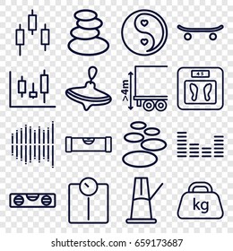 Balance icons set. set of 16 balance outline icons such as level ruler, whirligig, spa stones, floor scales, cargo height, weight, yin yang, equalizer, pendulum, skateboard