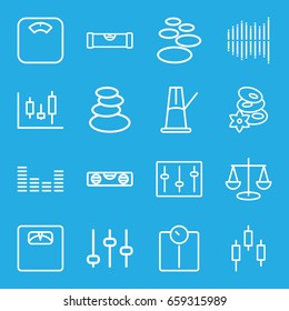 Balance icons set. set of 16 balance outline icons such as level ruler, spa stones, floor scales, equalizer, sliders, pendulum, adjust, panel control, scales, control panel