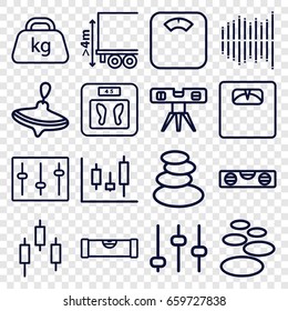 Balance icons set. set of 16 balance outline icons such as level ruler, whirligig, spa stones, floor scales, cargo height, weight, sliders, equalizer, adjust, panel control