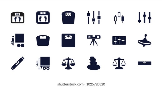 Balance icons. set of 18 editable filled balance icons: whirligig, floor scales, level ruler, adjust, scales, control panel, cargo height, spa stones