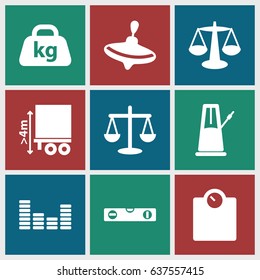 Balance icons set. set of 9 balance filled icons such as whirligig, level ruler, cargo height, weight, equalizer, pendulum, scales