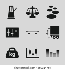 Balance icons set. set of 9 balance filled icons such as cargo height, weight, equalizer, sliders, skateboard, pendulum, spa stone, scales svg