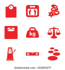 Balance icons set. set of 9 balance filled icons such as floor scales, spa stones, level ruler, weight, pendulum, spa stone, scales