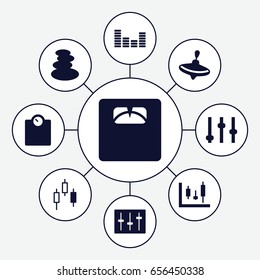 Balance icons set. set of 9 balance filled icons such as whirligig, spa stones, floor scales, equalizer, sliders, adjust, panel control, control panel