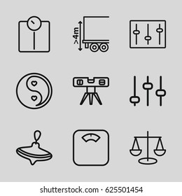 Balance icons set. set of 9 balance outline icons such as whirligig, level ruler, cargo height, yin yang, sliders, adjust, scales, floor scales
