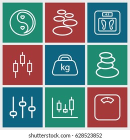 Balance icons set. set of 9 balance outline icons such as spa stones, floor scales, weight, yin yang, adjust, panel control, control panel