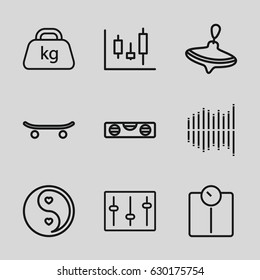 Balance icons set. set of 9 balance outline icons such as whirligig, level ruler, weight, yin yang, sliders, equalizer, skateboard, panel control