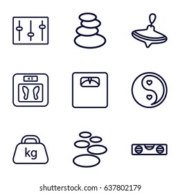 Balance icons set. set of 9 balance outline icons such as whirligig, spa stones, floor scales, level ruler, weight, yin yang, sliders