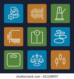 Balance icons set. set of 9 balance outline icons such as spa stones, cargo height, equalizer, pendulum, scales, control panel, floor scales, floor scale