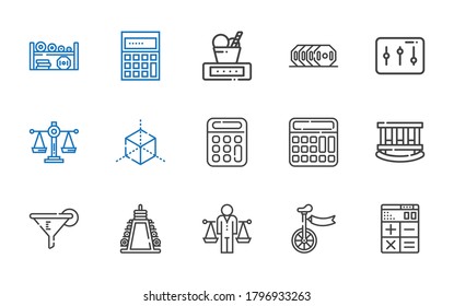 balance icons set. Collection of balance with calculator, unicycle, weight, filter, cradle, cube, scale, levels, calculating. Editable and scalable balance icons.
