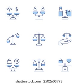 Balance icons set. Line Duotone style, editable stroke. balance in daily routines, work tasks, leisure activities, health practices, productivity.