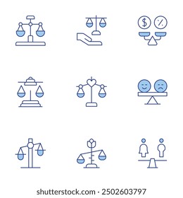 Balance icons set. Line Duotone style, editable stroke. balance in cultural practices, tradition and modernity, social norms, community values, cultural heritage.