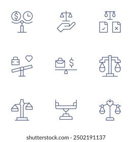 Balance icons set. Thin Line style, editable stroke. balance sheet, cash flow, equity, liabilities, assets.