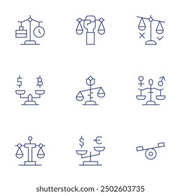 Balance icons set. Thin Line style, editable stroke. physical balance, core strength, stability exercises, fitness routine, balance training.